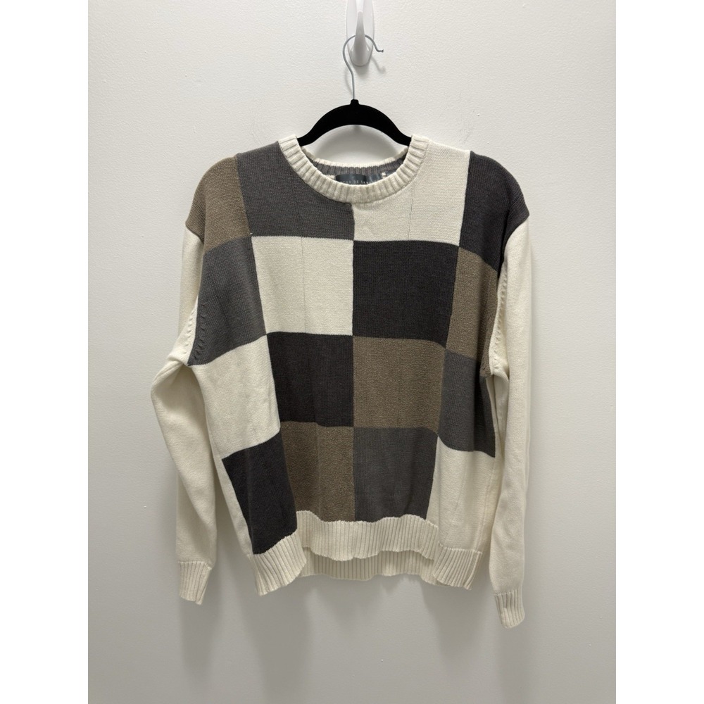 Oscar de la Renta Vintage Sweater XL Colorblock Crew Neck Ivory Cotton Blend
